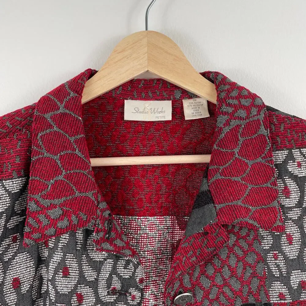 Vintage 90s Patchwork Tapestry Shacket Red Black Abstract Retro - Size MP
